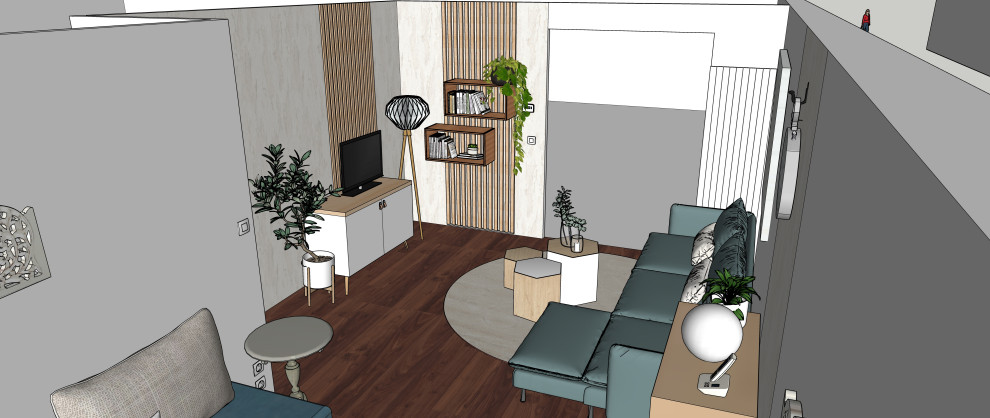 Источник вдохновения для домашнего уюта: большая открытая гостиная комната в скандинавском стиле с белыми стенами, темным паркетным полом, отдельно стоящим телевизором и коричневым полом без камина