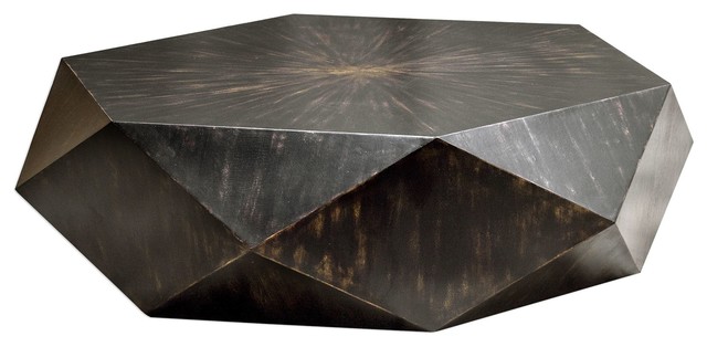 Faceted Large Round Wood Coffee Table, Modern Coffee Table Wooden