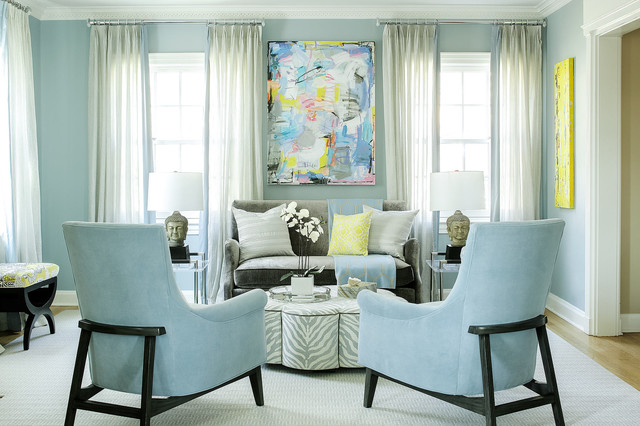 transitional living room blue walls