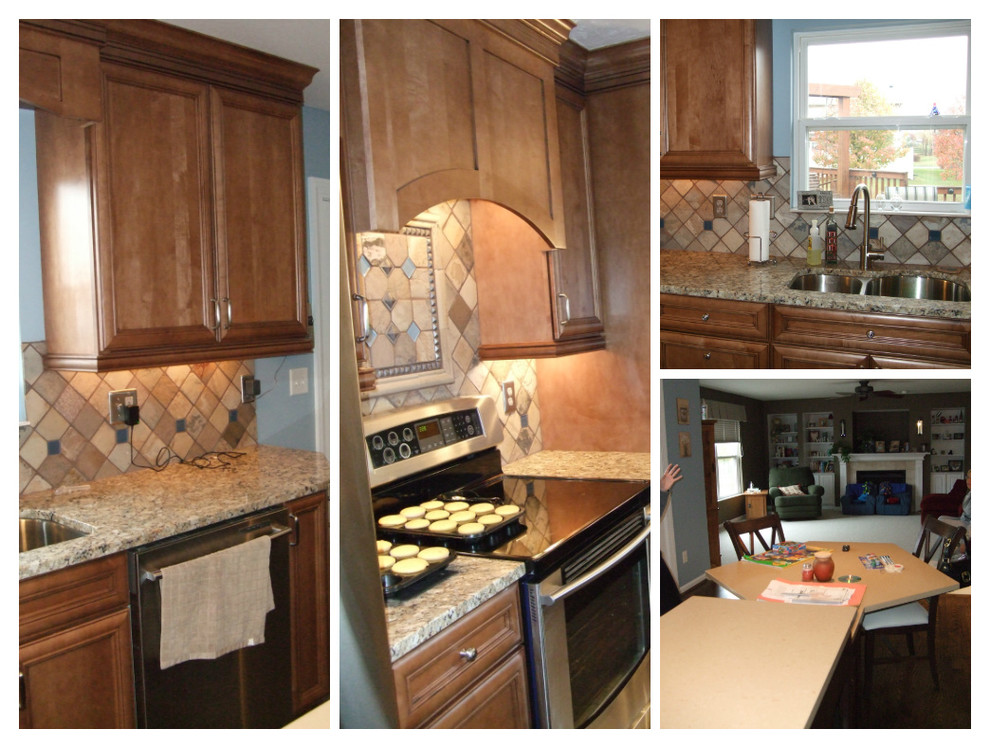 Inspiration for a mid-sized transitional dark wood floor and brown floor eat-in kitchen remodel in Cincinnati with a drop-in sink, brown cabinets, granite countertops, multicolored backsplash, ceramic backsplash, stainless steel appliances, two islands and multicolored countertops