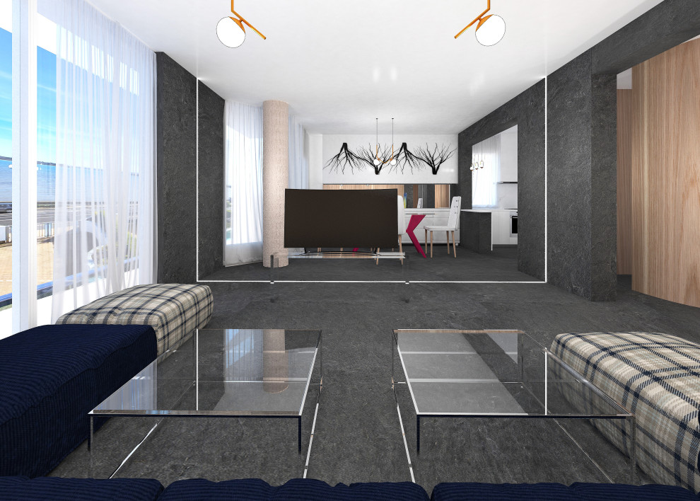 На фото: большая открытая, серо-белая, парадная гостиная комната в стиле модернизм с серыми стенами, серым полом, полом из керамической плитки, отдельно стоящим телевизором, многоуровневым потолком и синим диваном без камина