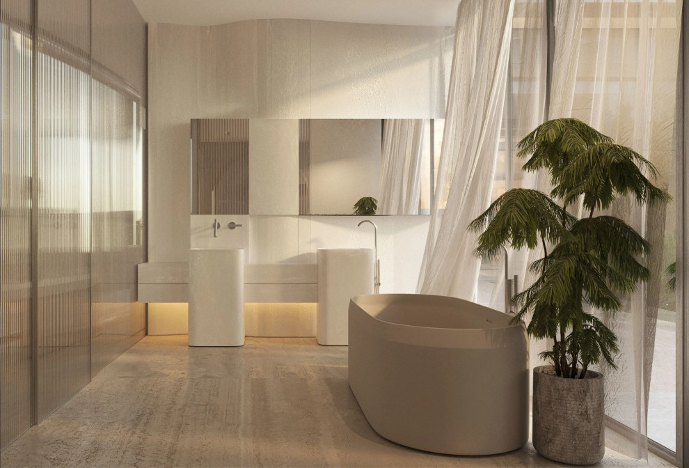Idéer för ett mellanstort modernt en-suite badrum, med beige kakel, beige väggar, ljust trägolv och beiget golv
