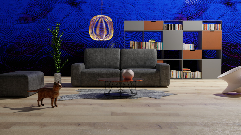 Esempio di un soggiorno design di medie dimensioni e aperto con pareti blu, parquet chiaro, nessun camino, TV a parete, pavimento marrone, soffitto in legno e carta da parati
