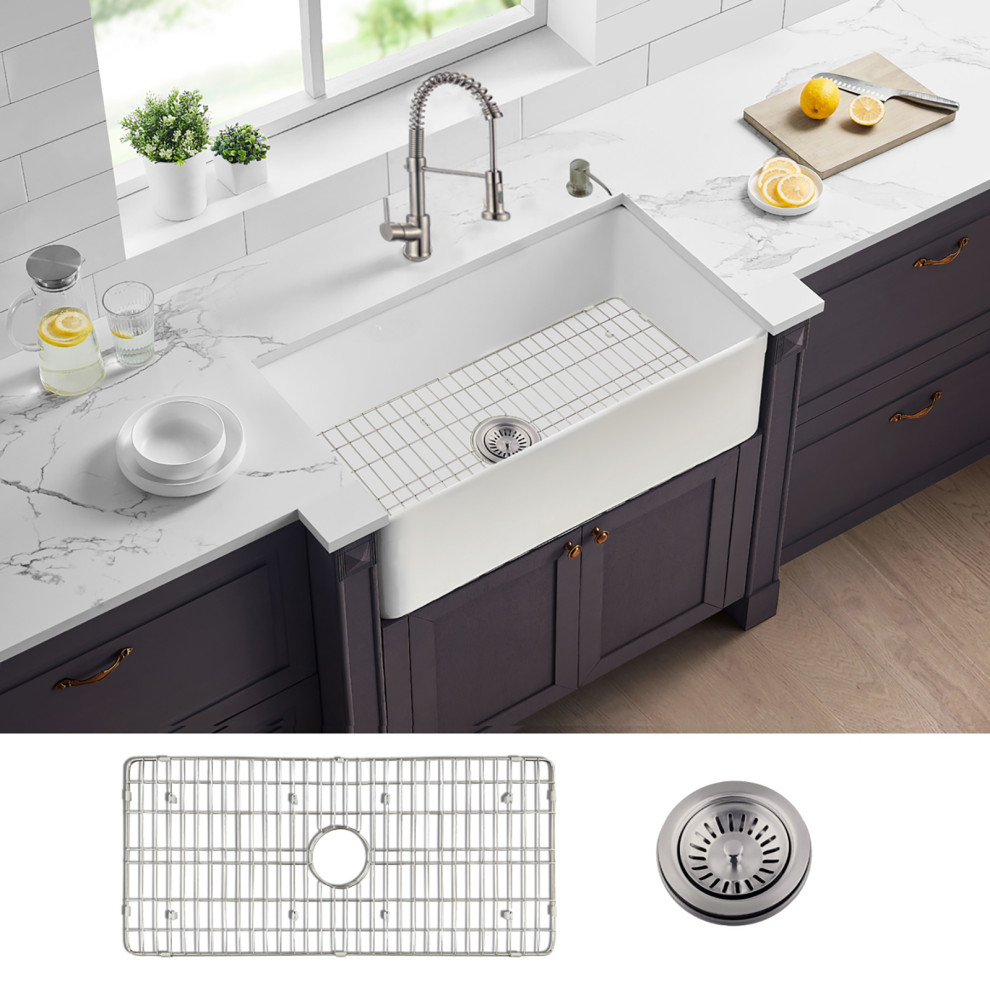 Ratel 30" True FireClay Apron FarmSink NOT Porcelain Sink Grid Strainer