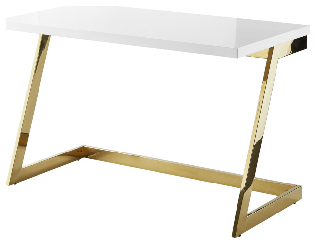 Alie Writing Desk, High Gloss Lacquer Finish Top, White/Gold