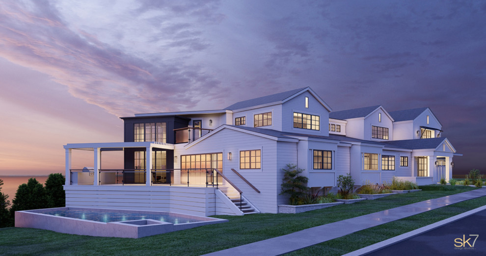 サンディエゴにあるラグジュアリーなコンテンポラリースタイルのおしゃれな家の外観 (混合材屋根、ウッドシングル張り) の写真