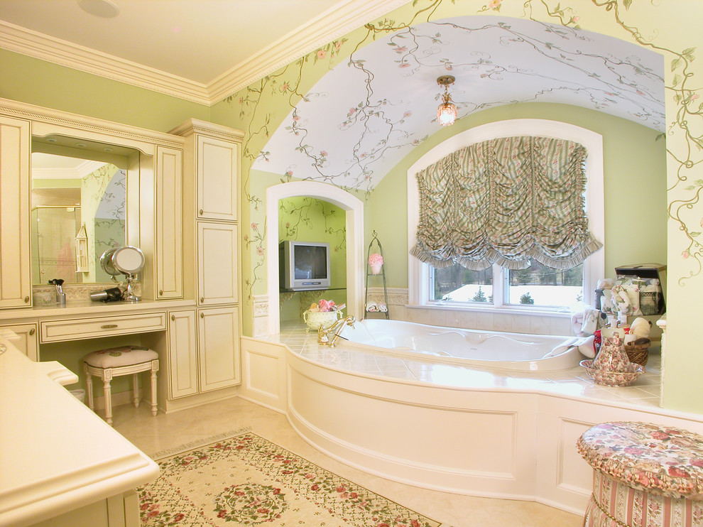Traditional bathroom in New York with a drop-in tub.