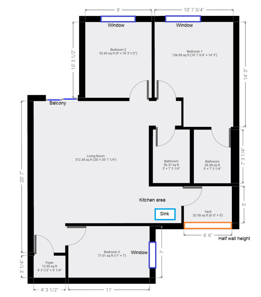 How will you fit kitchen, living and dining areas into 15x16 ft space?