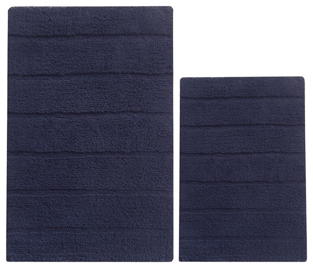 2 Piece Soft Texture Cotton Bath Rug Set Navy Blue Contemporary