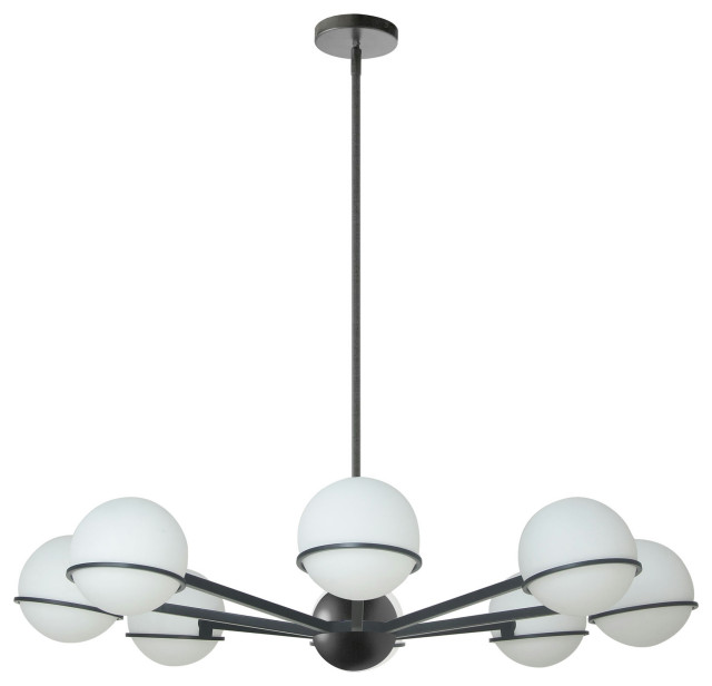 8 Light Halogen Chandelier, Matte Black with White Opal Glass