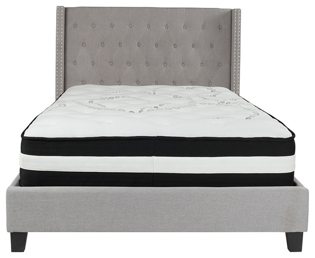 Full Size Tufted Platform Bed in Light Gray with Spring Mattress, 61.75"W x 81"D x 48"H
