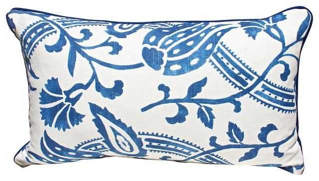 Blue And White Vine And Floral Print Pillow Cover With Blue
