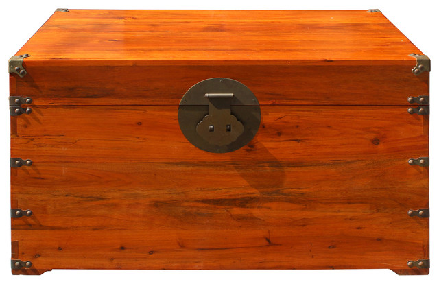 Oriental Chinese Brown Wood Moon Face Hardware Trunk Table Asian