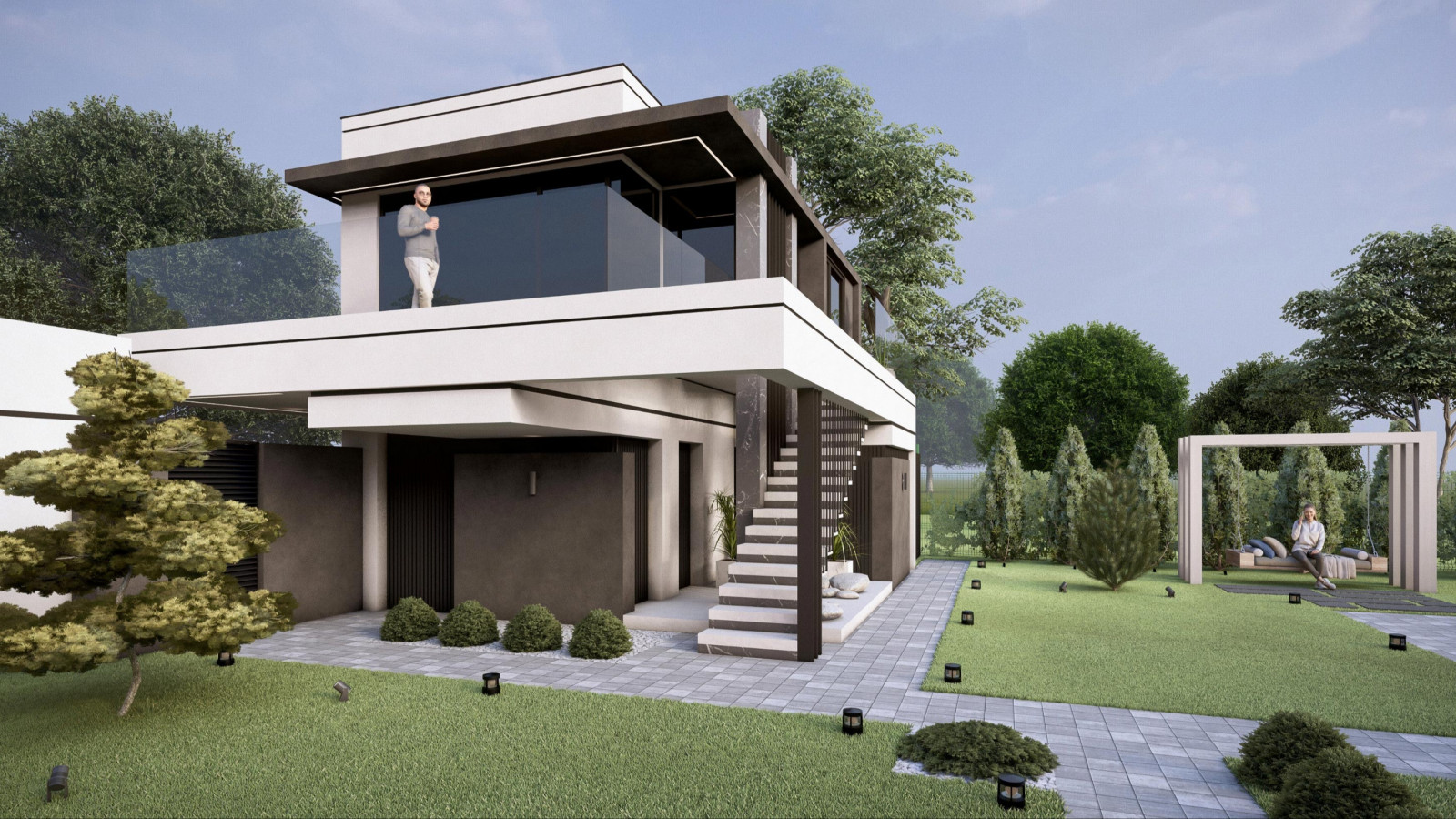 Проект фасада  и ландшафта для дома с плоской крышей