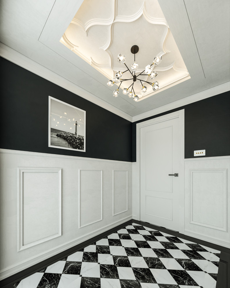 他の地域にある高級な中くらいなエクレクティックスタイルのおしゃれな玄関ロビー (黒い壁、濃色無垢フローリング、白いドア、茶色い床、羽目板の壁) の写真