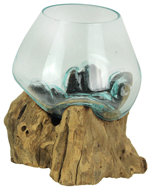 Melted Glass On Teak Driftwood Decorative Bowl/Vase/Terrarium Planter 6 Inches