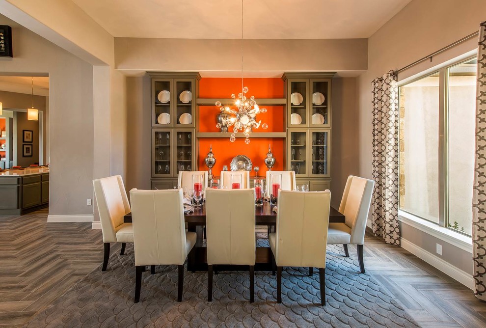Photo of a transitional dining room in Austin with beige walls and no fireplace.