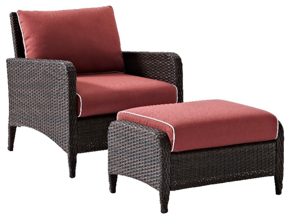 Crosley Kiawah Outdoor Wicker Chair with Ottoman in Sangria Tropical