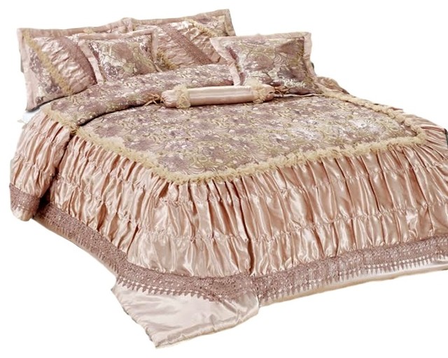 Tache 6 Piece Beige Roses Ruffled Elegant Comforter Set