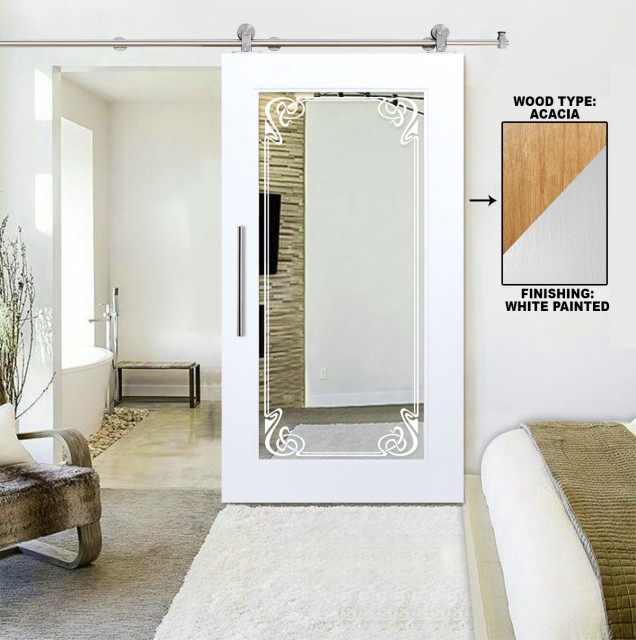 Mirrored White Painted Hardwood Sliding Barn Door With Design Mirror Insert Contemporary Interior Doors By Glass Door Us Houzz