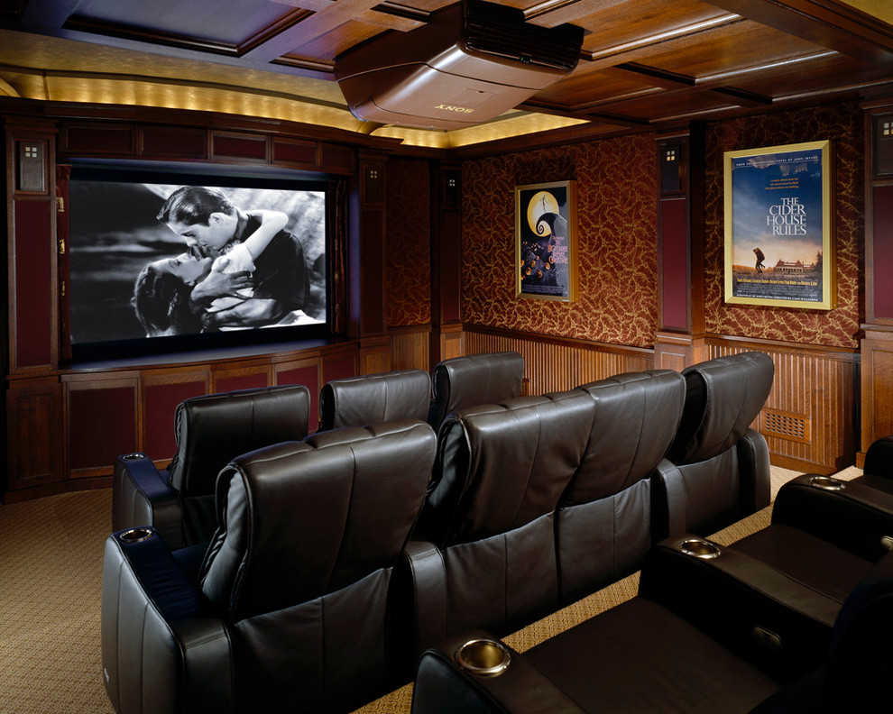 Photo of a traditional home theatre in New York with a projector screen.