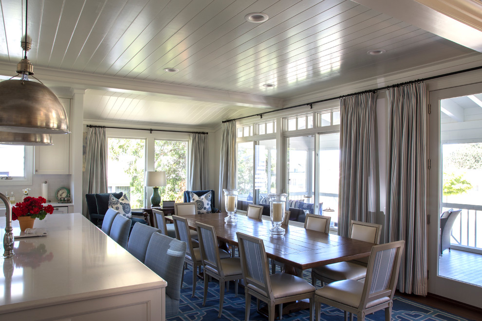 Inspiration for a mid-sized transitional dark wood floor and brown floor kitchen/dining room combo remodel with white walls and no fireplace