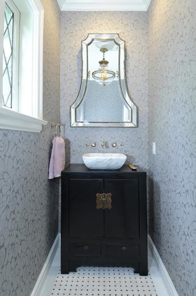 Photo of a mid-sized asian powder room in Los Angeles with flat-panel cabinets, dark wood cabinets, black and white tile, mosaic tile, grey walls, mosaic tile floors, a vessel sink and wood benchtops.