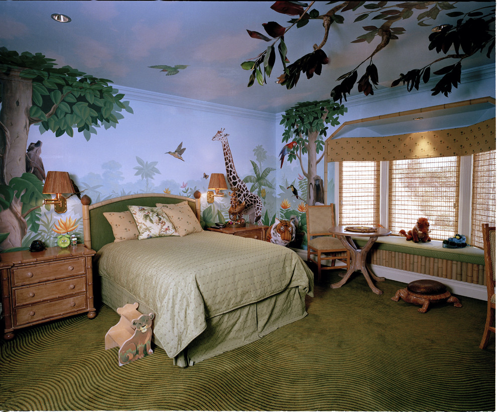 Design ideas for a large transitional kids' bedroom for kids 4-10 years old and boys in New York with multi-coloured walls and carpet.