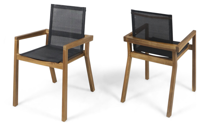 GDF Studio Jimmy Outdoor Acacia Wood and Mesh Dining Chairs, Set of 2, Teak Fini