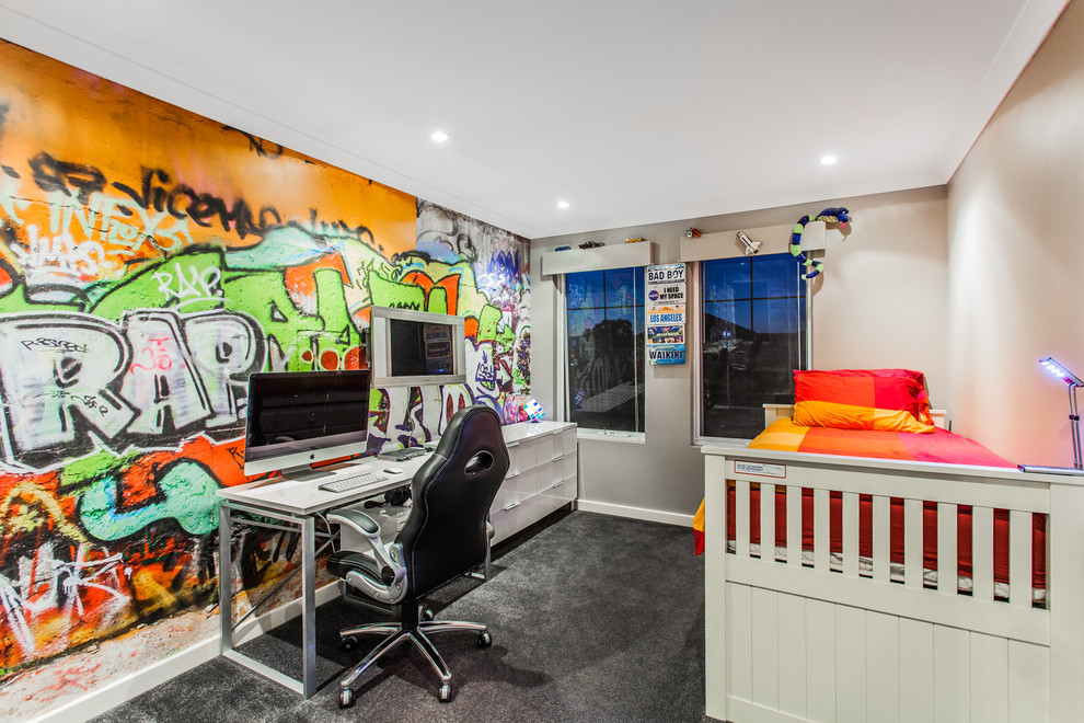 Mid-sized contemporary kids' room in Perth with carpet and multi-coloured walls for boys.