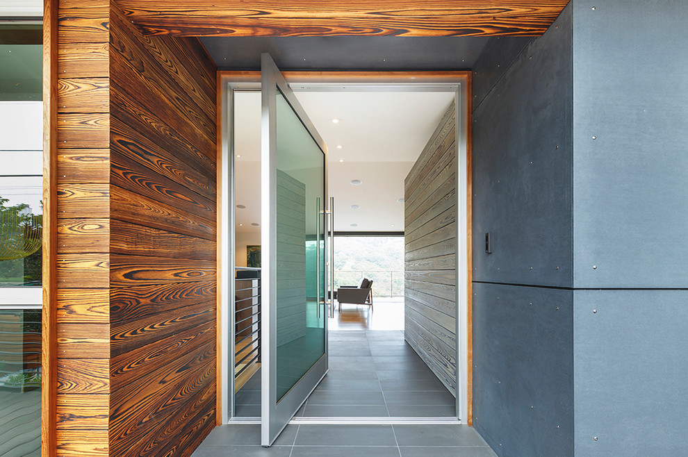 Photo of a contemporary front door in San Francisco with a pivot front door and a glass front door.