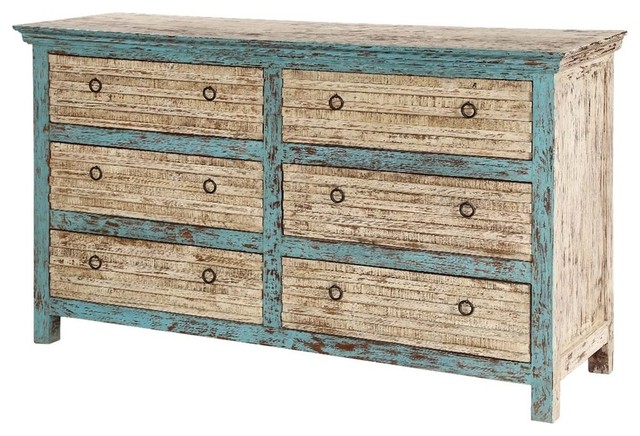 Antique Blue Mango Wood Distressed White Bedroom Dresser With 6