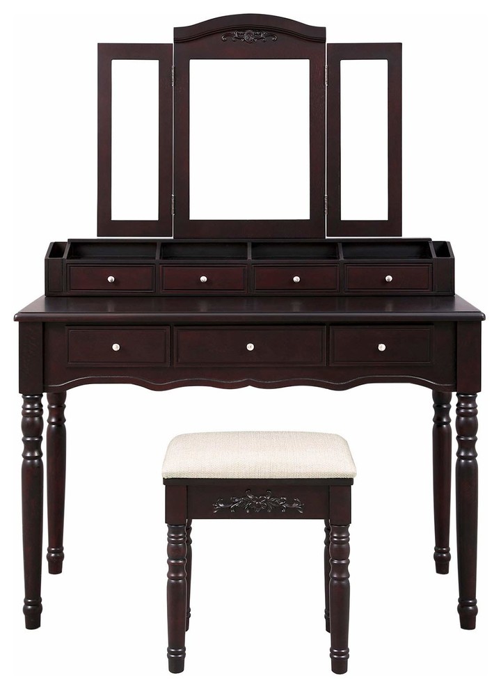 Vanity Set Makeup Dressing Table Set With Mirror 7 Drawers Dark