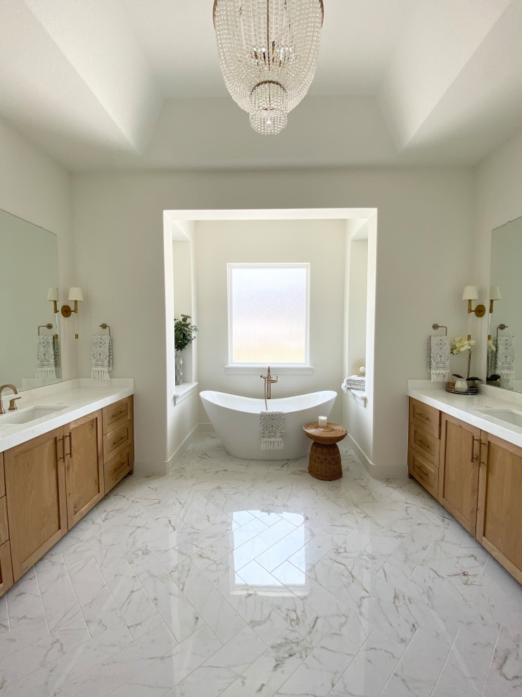 Expansive scandinavian master bathroom in Dallas with flat-panel cabinets, beige cabinets, a freestanding tub, an alcove shower, white tile, ceramic tile, white walls, porcelain floors, an undermount sink, engineered quartz benchtops, white floor, a hinged shower door, white benchtops, a shower seat, a single vanity and a built-in vanity.