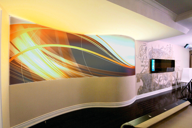 Curved Wall Feature Uses Stretch Ceiling To Become A Backlit Mural