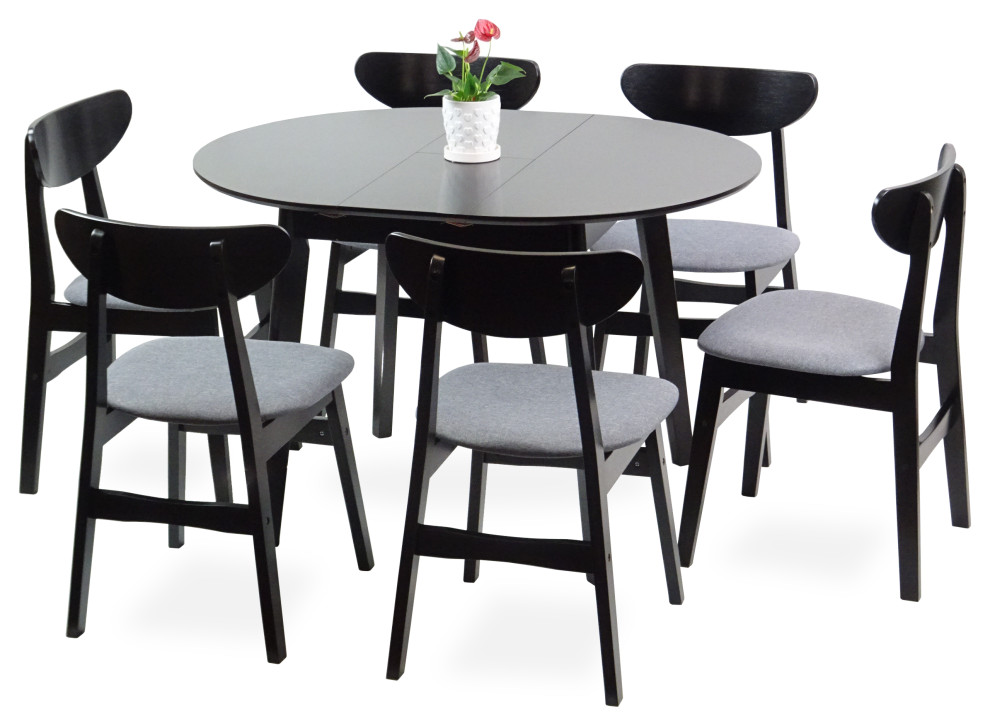Dining Room Set of 6 Yumiko Chairs and Extendable Round Table, Black