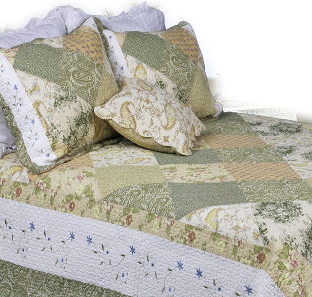 Grace Sage Real Patchwork 100Cotton Quilt Set, Twin Set Contemporary