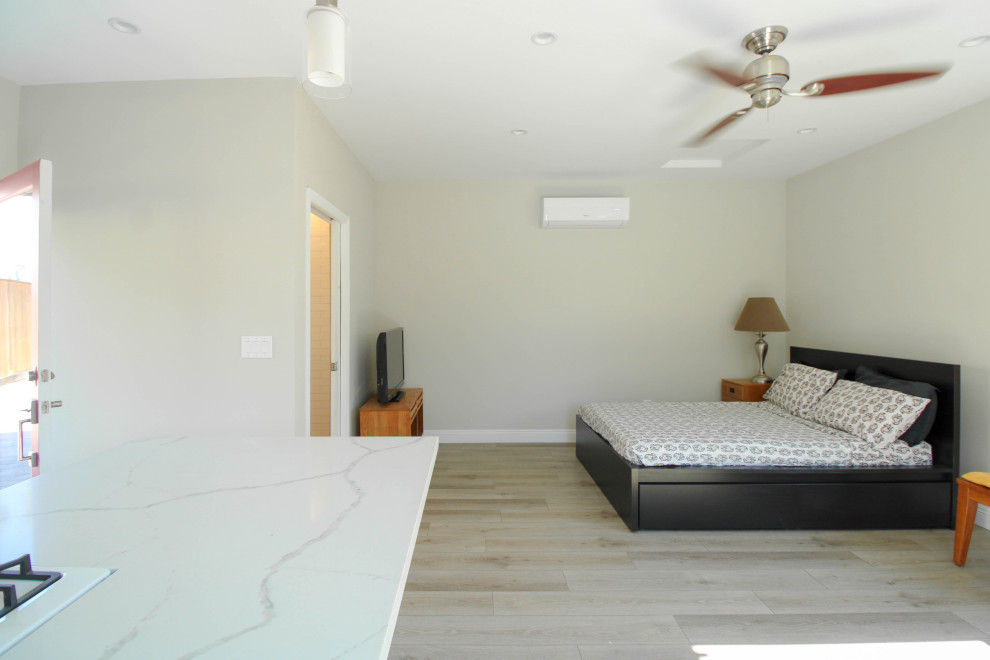 Kleines Modernes Wohnzimmer im Loft-Stil mit beiger Wandfarbe, hellem Holzboden, freistehendem TV und braunem Boden in Los Angeles