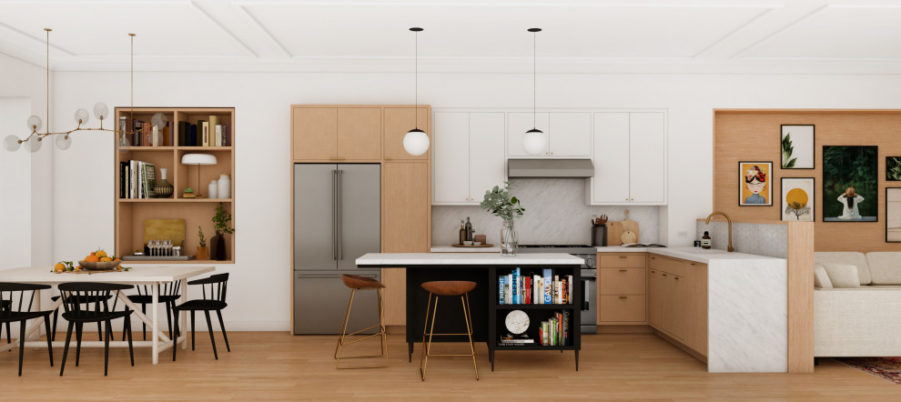 Minimalist l-shaped medium tone wood floor and brown floor eat-in kitchen photo in Toronto with an undermount sink, flat-panel cabinets, light wood cabinets, quartz countertops, brown backsplash, quartz backsplash, stainless steel appliances, an island and white countertops
