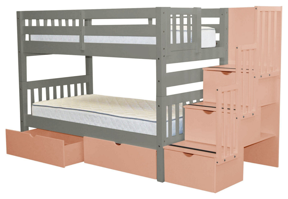 Bedz King Bunk Beds Twin over Twin Stairway, 3 Pink Steps & 2 Bed Drawers, Gray