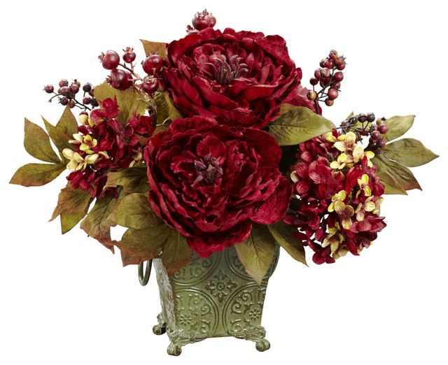 Peony and Hydrangea Silk Flower Arrangement, Red and Gold