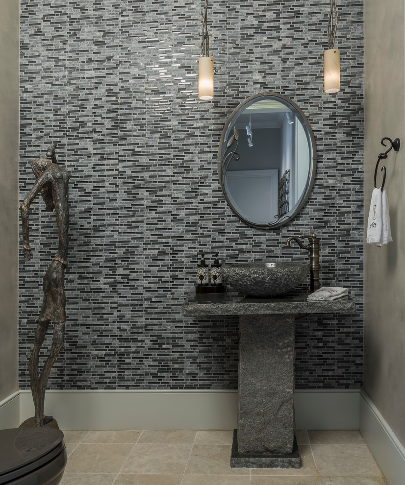 Example of a trendy multicolored tile and mosaic tile beige floor powder room design in Orlando with a vessel sink
