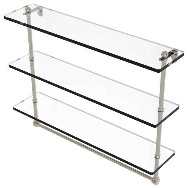 22" Triple Tiered Glass Shelf with Towel Bar, Polished Nickel