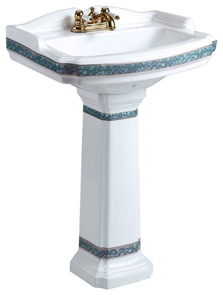 India Reserve Bathroom Pedestal Sink White Porcelain Blue and Gold