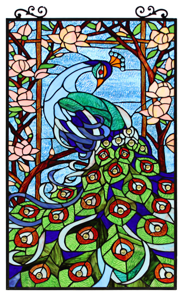 Chloe Lighting Pacey TiffanyStyle Peacock Stained Glass Hanging Window