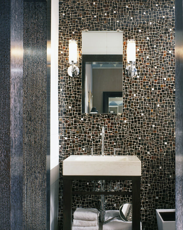 Inspiration for a large modern master bathroom in New York with furniture-like cabinets, brown cabinets, a double shower, a two-piece toilet, brown tile, mosaic tile, white walls, mosaic tile floors, a pedestal sink and limestone benchtops.