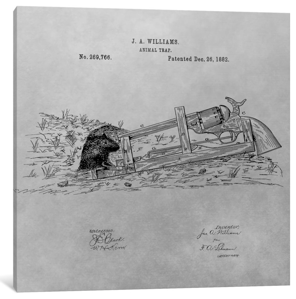 "Animal Trap Patent Sketch, Vintage Grey" Wrapped Canvas Print, 12x12x1.5