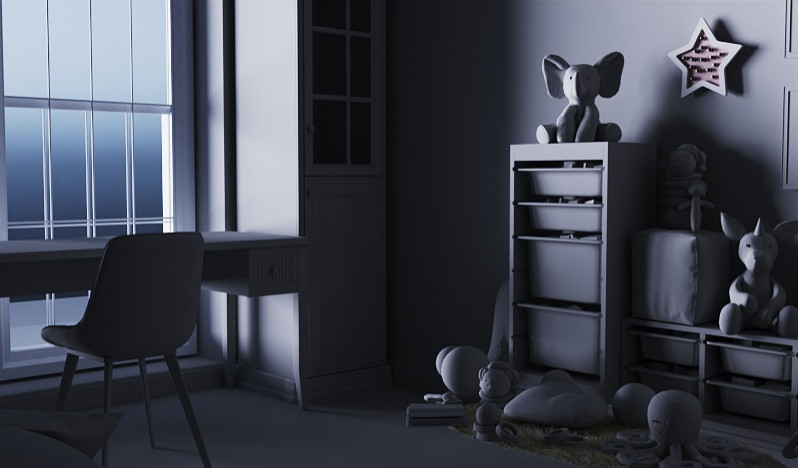 Проект "Черно-белый 3Д детской комнаты с вариантами освещения времени суток"