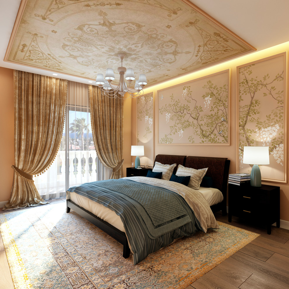 Mid-sized traditional master bedroom in Other with beige walls, laminate floors and beige floor.