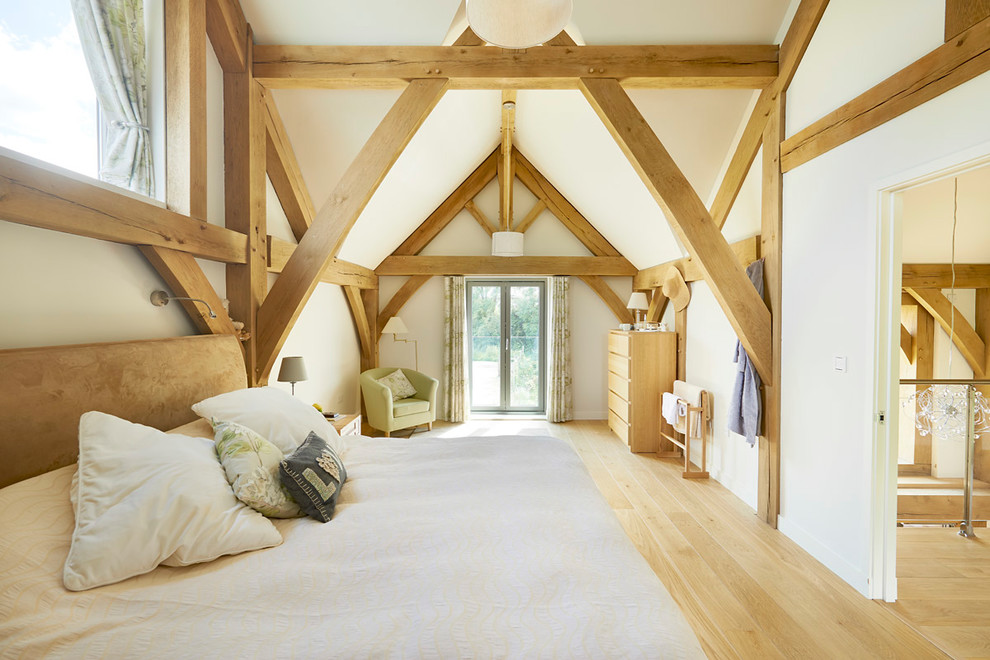 Inspiration for a country bedroom in West Midlands with white walls, light hardwood floors and beige floor.